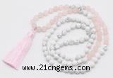 GMN6103 Knotted 8mm, 10mm rose quartz & white howlite 108 beads mala necklace with tassel