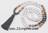 GMN6108 Knotted 8mm, 10mm matte white howlite & mixed gemstone 108 beads mala necklace with tassel