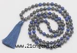 GMN6112 Knotted 8mm, 10mm black labradorite & lapis lazuli 108 beads mala necklace with tassel