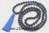 GMN6114 Knotted 8mm, 10mm black lava & lapis lazuli 108 beads mala necklace with tassel