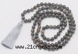 GMN6131 Knotted 8mm, 10mm grey opal 108 beads mala necklace with tassel