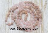 GMN6155 Knotted 8mm, 10mm sunstone, rose quartz & white jade 108 beads mala necklace with charm