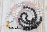 GMN6162 Knotted 8mm, 10mm black agate, rose quartz & white howlite 108 beads mala necklace with charm