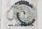 GMN6163 Knotted 8mm, 10mm matte amazonite & black lava 108 beads mala necklace with charm
