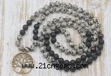 GMN6165 Knotted 8mm, 10mm dalmatian jasper, black lava & garnet 108 beads mala necklace with charm