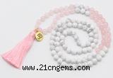 GMN6202 Knotted rose quartz & white howlite 108 beads mala necklace with tassel & charm