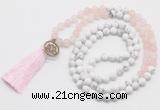 GMN6203 Knotted matte rose quartz & white howlite 108 beads mala necklace with tassel & charm