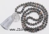 GMN6231 Knotted 8mm, 10mm grey opal 108 beads mala necklace with tassel & charm