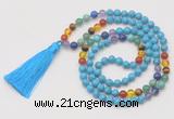 GMN6240 Knotted 7 Chakra 8mm, 10mm turquoise 108 beads mala necklace with tassel