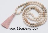 GMN6245 Knotted 8mm, 10mm white fossil jasper & picture jasper 108 beads mala necklace with tassel