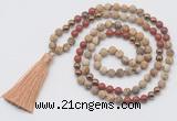 GMN6246 Knotted 8mm, 10mm matte picture jasper & red jasper 108 beads mala necklace with tassel