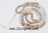 GMN6254 Knotted 8mm, 10mm sunstone, white crystal & white jade 108 beads mala necklace with tassel