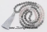 GMN6256 Knotted 8mm, 10mm labradorite, rose quartz & white moonstone 108 beads mala necklace with tassel