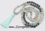 GMN6263 Knotted 8mm, 10mm matte amazonite & black lava 108 beads mala necklace with tassel