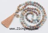 GMN6306 Knotted 8mm, 10mm matte mixed amazonite & jasper 108 beads mala necklace with tassel & charm