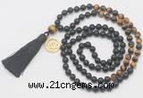 GMN6311 Knotted 8mm, 10mm matte black agate & yellow tiger eye 108 beads mala necklace with tassel & charm
