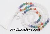 GMN6319 Knotted 7 Chakra white jade 108 beads mala necklace with tassel & charm