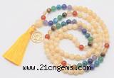 GMN6320 Knotted 7 Chakra honey jade 108 beads mala necklace with tassel & charm