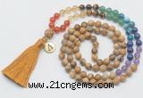 GMN6325 Knotted 7 Chakra picture jasper 108 beads mala necklace with tassel & charm