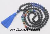 GMN6328 Knotted 7 Chakra black lava & lapis lazuli 108 beads mala necklace with tassel & charm