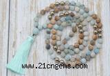 GMN6344 Knotted 8mm, 10mm matte amazonite & picture jasper 108 beads mala necklace with tassel