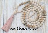 GMN6345 Knotted 8mm, 10mm white fossil jasper & picture jasper 108 beads mala necklace with tassel