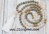 GMN6349 Knotted 8mm, 10mm unakite, white jade & hematite 108 beads mala necklace with tassel