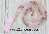 GMN6351 Knotted 8mm, 10mm rose quartz & pink wooden jasper 108 beads mala necklace with tassel