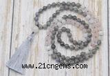 GMN6356 Knotted 8mm, 10mm labradorite, rose quartz & white moonstone 108 beads mala necklace with tassel