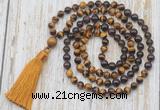 GMN6358 Knotted 8mm, 10mm yellow tiger eye, garnet & smoky quartz 108 beads mala necklace with tassel