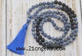 GMN6364 Knotted 8mm, 10mm blue spot stone & black lava 108 beads mala necklace with tassel