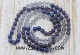 GMN6400 Hand-knotted 8mm, 10mm amethyst, white crystal & lapis lazuli 108 beads mala necklaces
