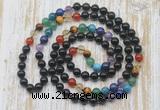 GMN6427 Hand-knotted 7 Chakra 8mm, 10mm black obsidian 108 beads mala necklaces