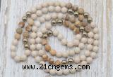 GMN6445 Hand-knotted 8mm, 10mm white fossil jasper & picture jasper 108 beads mala necklaces