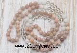 GMN6454 Hand-knotted 8mm, 10mm sunstone, white crystal & white jade 108 beads mala necklaces