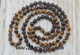 GMN6458 Knotted 8mm, 10mm yellow tiger eye, garnet & smoky quartz 108 beads mala necklaces