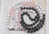 GMN6462 Hand-knotted 8mm, 10mm black agate, rose quartz & white howlite 108 beads mala necklaces