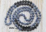 GMN6464 Hand-knotted 8mm, 10mm blue spot stone & black lava 108 beads mala necklaces