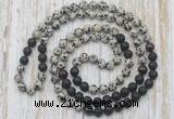 GMN6465 Hand-knotted 8mm, 10mm dalmatian jasper, black lava & garnet 108 beads mala necklaces