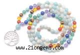 GMN6484 Knotted 7 Chakra 8mm, 10mm amazonite 108 beads mala necklace with charm
