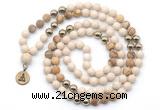 GMN6491 Knotted 8mm, 10mm white fossil jasper & picture jasper 108 beads mala necklace with charm