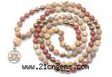 GMN6492 Knotted 8mm, 10mm matte picture jasper & red jasper 108 beads mala necklace with charm