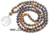 GMN6504 Knotted 8mm, 10mm yellow tiger eye, garnet & smoky quartz 108 beads mala necklace with charm