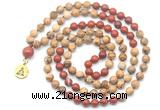GMN6506 Knotted 8mm, 10mm picture jasper & red jasper 108 beads mala necklace with charm