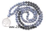 GMN6510 Knotted 8mm, 10mm blue spot stone & black lava 108 beads mala necklace with charm