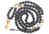 GMN6515 Knotted 8mm, 10mm black lava, matte white howlite & golden tiger eye 108 beads mala necklace with charm