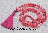 GMN674 Hand-knotted 8mm, 10mm red banded agate 108 beads mala necklaces with tassel