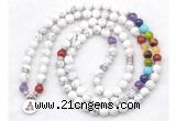 GMN7073 7 Chakra 8mm white howlite 108 mala beads wrap bracelet necklaces