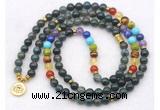 GMN7116 7 Chakra 8mm moss agate 108 mala beads wrap bracelet necklaces