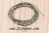 GMN7529 4mm faceted round tiny silver leaf jasper beaded necklace with letter charm